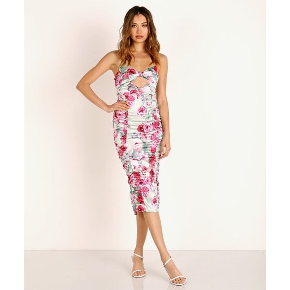 For Love &‎ Lemons Robin Floral Print Shirred Satin Midi Dress in Mint Size XS